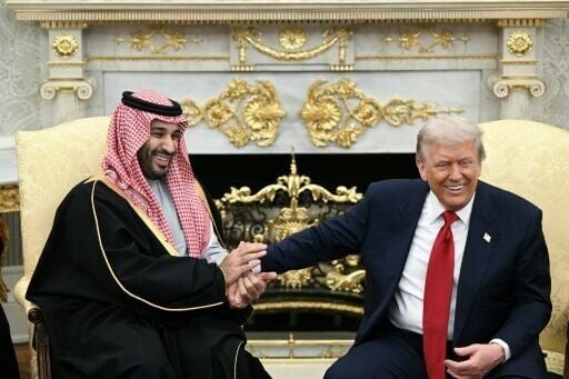 President Donald Trump joked about hand shakes and fist pumps with Saudia Arabia's Crown Prince Mohammed bin Salman during a meeting in the Oval Office
