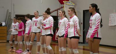 The Columbia volleyball team lines up for the national anthem against Seton Catholic on Oct. 7.  Zach Thummel photo
