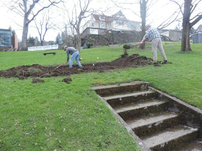 Downtown lawn prepared for Yasui Legacy Stone