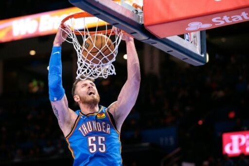 Oklahoma City's Isaiah Hartenstein throws down a dunk in the Thunder's NBA victory over the Cleveland Cavaliers