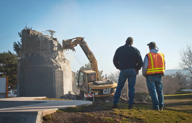 Monument base removal underway