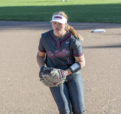 Riverhawk junior Cadence Young (4) makes the tag at first base against Hood River Valley on April 9.