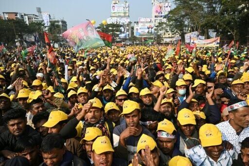 Thousands of supporters of Bangladesh Nationalist Party chief Tarique Rahman crowd the streets of the northern city of Sylhet