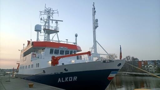 The research vessel Alkor of the GEOMAR oceanographic research centre, moored in Kiel, northern Germany