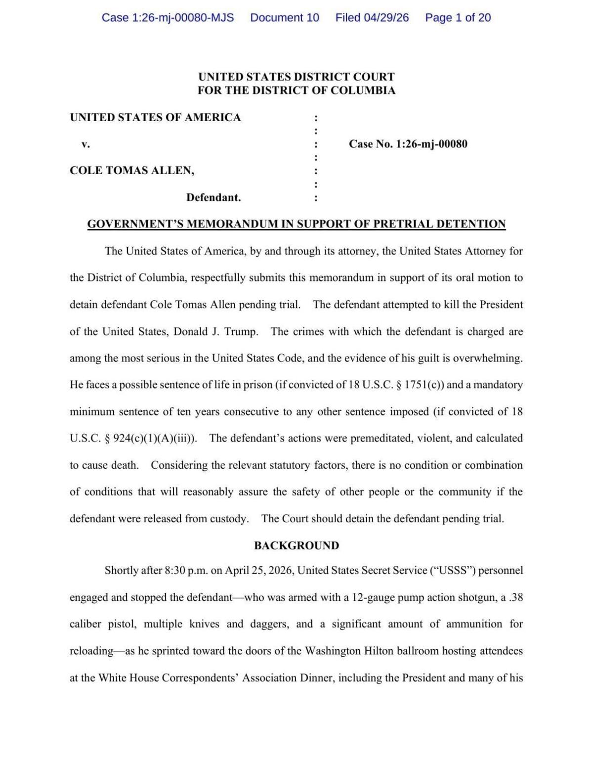 Government's Memorandum for Pretrial Detention of Cole Allen
