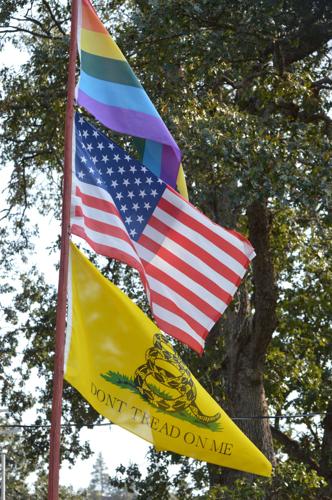 11-25 The Porch, flags in Mosier.JPG