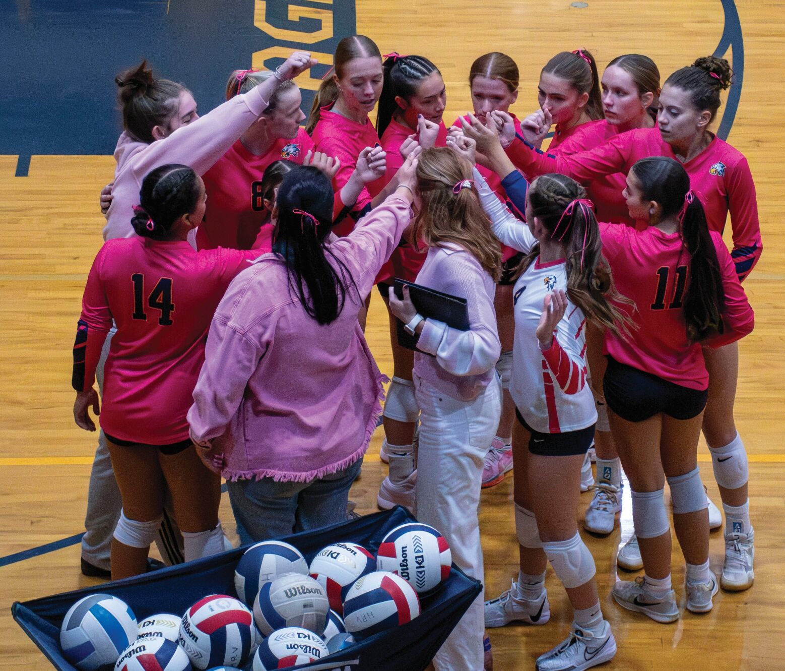 The Hood River Volleyball team huddles up earlier this year   Nate Wilson photo