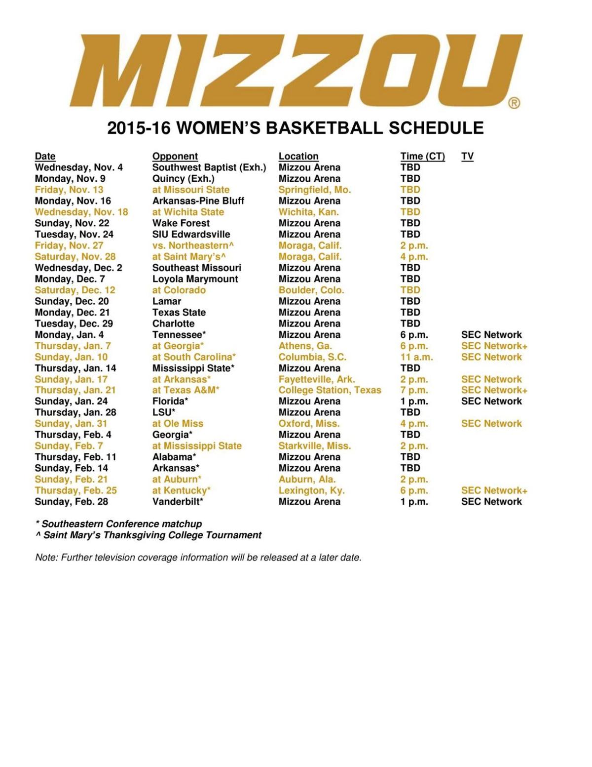 2015 16 Missouri Women S Basketball Schedule