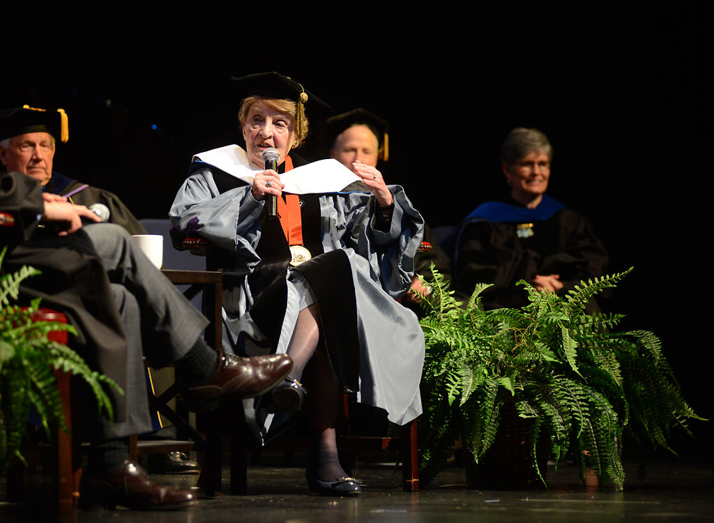 After giving her lecture for for the John Findley Green Foundation Lecture at Westminster College on Thursday, former U.S. Secretary of State Dr. Madeleine Albright sits