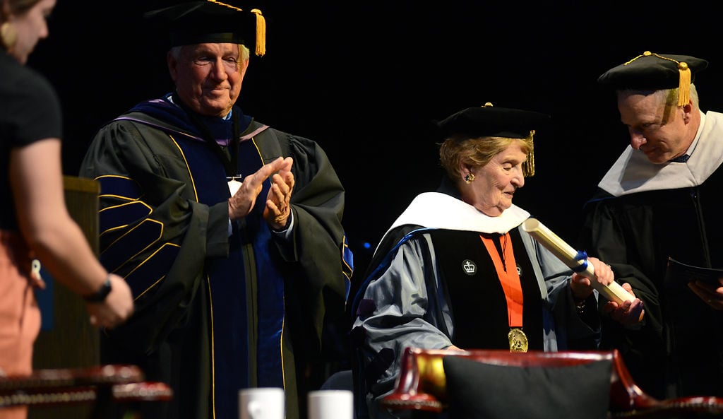 Dr. David Jones, right, marshal of the college at Westminster College
