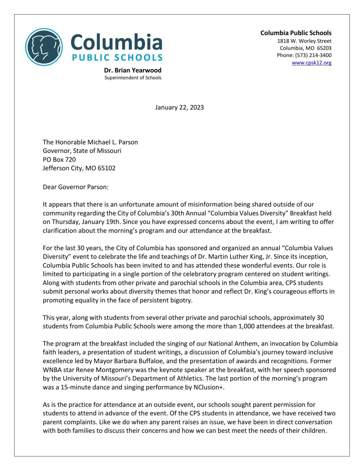 Superintendent Yearwood's letter to Gov. Parson