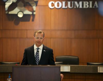 Columbia Mayor Brian Treece speaks at a community briefing