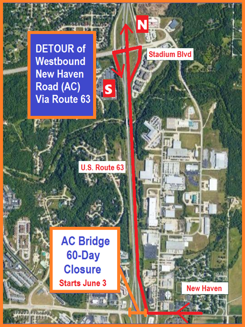 Detour of westbound New Haven Road (Route AC) via U.S. 63