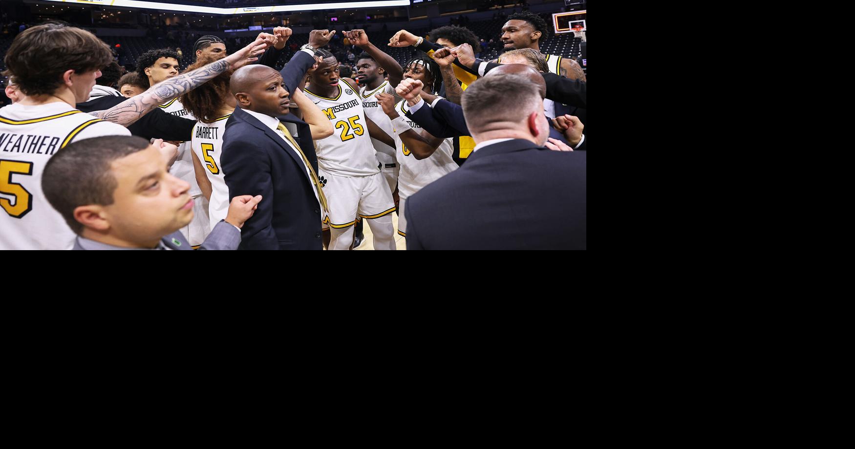 Missouri players and coaches huddle after defeating Alabama State in a game on Thursday