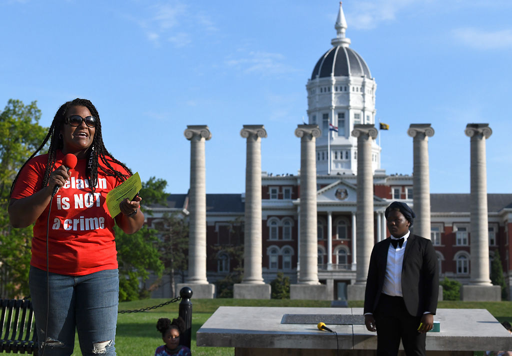 Nikki McGruder, director of the Inclusive Impact Institute, spoke to the protesters assembled at MU’s Francis Quadrangle