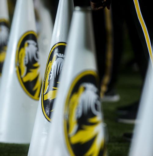 Megaphones for Missouri cheerleaders lie on the field during the third quarter