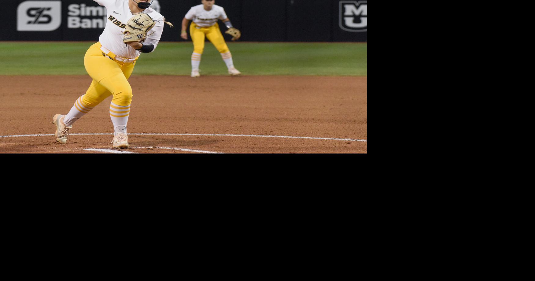 Mizzou right hand pitcher Laurin Krings rears back for the pitch ...