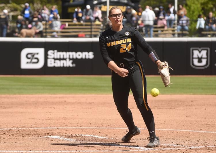 Missouri pitcher Laurin Krings throws a practice pitch Sports