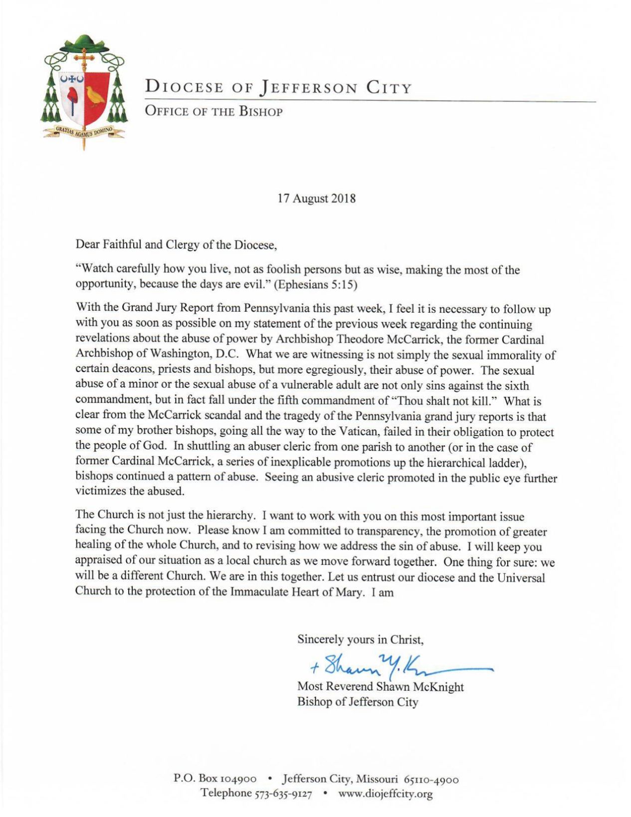 In Letter To Mid Missouri Catholics Bishop Calls For Better Addressing 