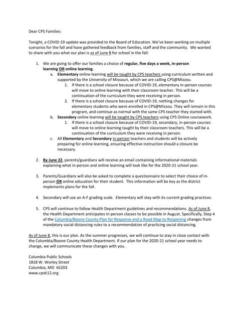 Letter To Families About Fall Reopening Columbiamissourian Com