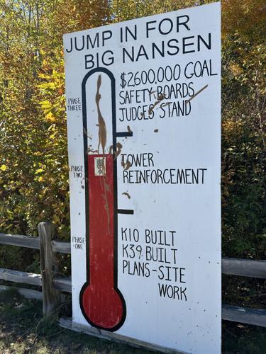 A view of the fundraising progress sign at Nansen ski jump with gunk thrown on it