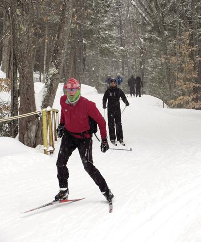 Nordic Tracks - skate skier coming down the Ellis