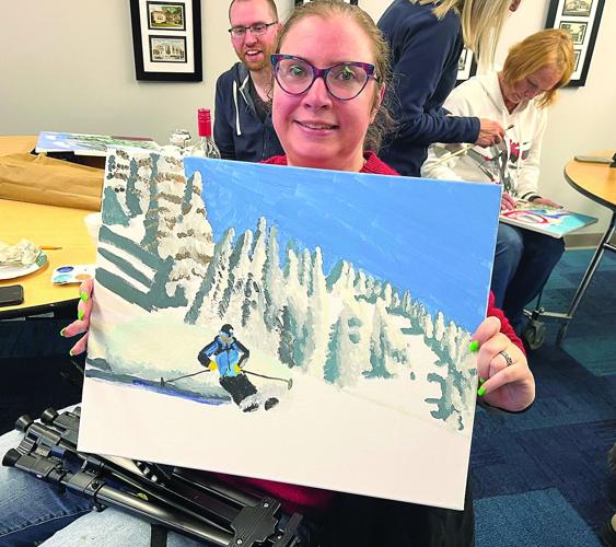 Nordic Tracks - preparing for the first ski - woman with downhill painting