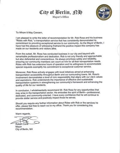 Rob Rosa's letter of recommendation by Mayor Robert Cone