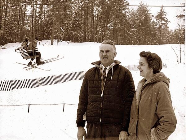 King Pine 60th - Milt and Fran Hoyt and lift behind in 1962