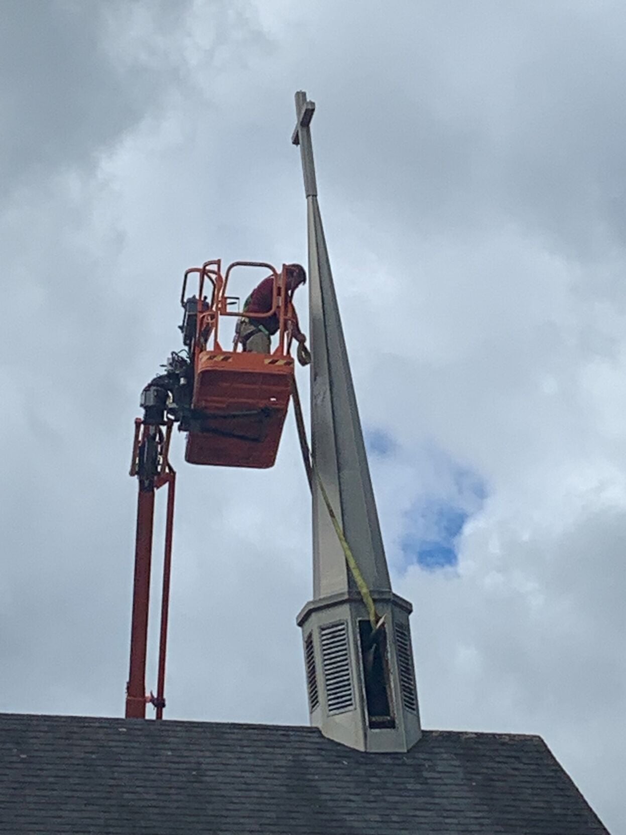 Preparing older steeple removal at Holy Family Church