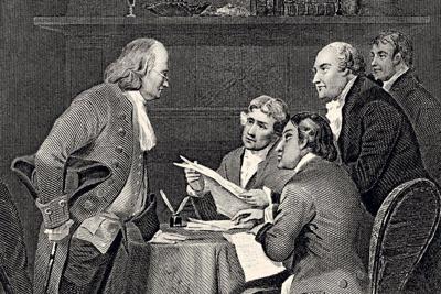 The men responsible for producing the Declaration of Independence, known as the Committee of Five, were, left to right: Benjamin Franklin, Thomas Jefferson, Roger Sherman, John Adams and Robert R. Livingston.