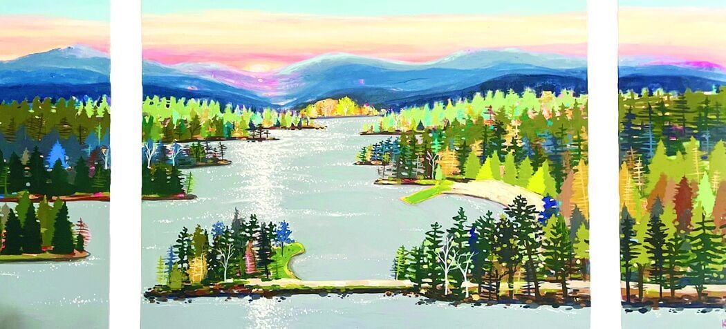 CL w31 harvest gold “Summertime in Maine” Acrylic Painting by Rebecca Klementovich- beautiful angel’s view of Kezar Lake..tif