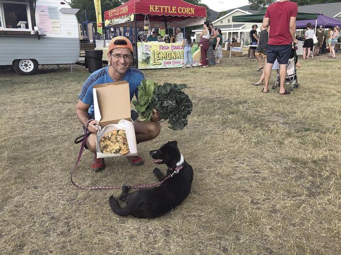 Farmer's Market man, dog, and pizza