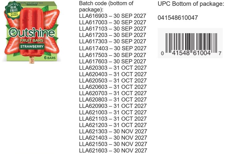 DREYER'S GRAND ICE CREAM, INC. ISSUES VOLUNTARY RECALL ON SELECT OUTSHINE FRUIT BARS DUE TO POSSIBLE FOREIGN MATTER CONTAMINATION