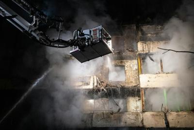 The aftermath of a Russian missile strike on a nine-story residential building in Kyiv on Oct. 14, 2026.