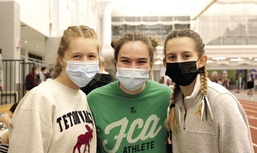 KHS Indoor Track - seniors Amy Burton with Taylor Garland and Alexis Tuttle