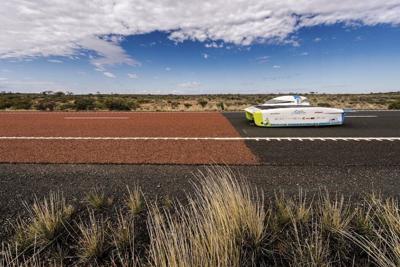 The Punch Powertrain Solar Team car from Belgium competes in the 2017 World Solar Challenge near Kulgera, Australia.