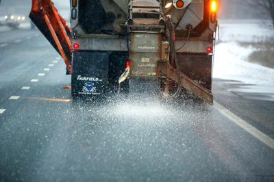 Brine, a mixture of salt and water, is sprayed onto roads to prevent snow and ice from sticking or freezing to the pavement.