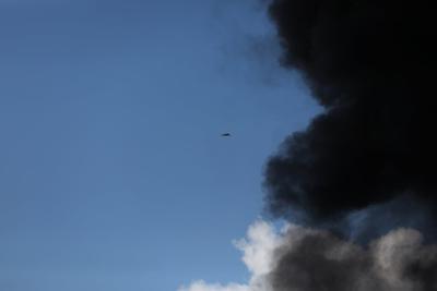 A drone is seen during a suspected drone strike targeting an oil warehouse near Erbil, the capital of Iraq's Kurdistan Region, on April 1, 2026.
