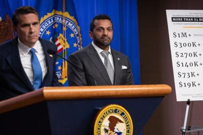 FBI Director Kash Patel, right, and acting Attorney General Todd Blanche speak about the Southern Poverty Law Center's indictment in April 2026.
