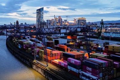 Containers are stacked up in a cargo terminal in Frankfurt, Germany.