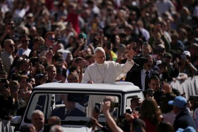 Pope Leo XIV arrives for his weekly general audience in St. Peter's Square at the Vatican on April 29, 2026.