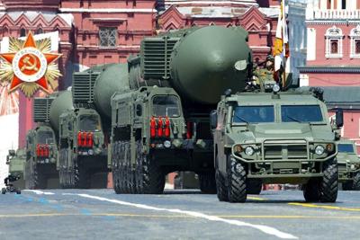 Russian ballistic missiles roll in Red Square during a Victory Day military parade.