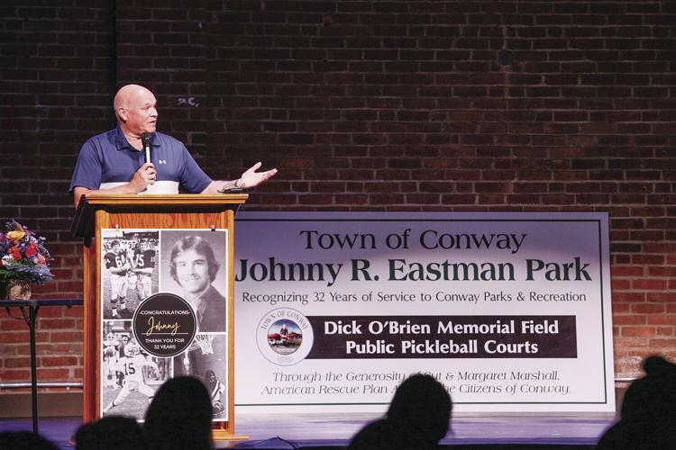 06-11-22 Johnny Eastman Sendoff johnny speaking sign behind