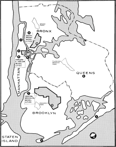 New York City neighborhoods designated for revitalization with funding from the Model Cities Program.
              The City of New York, Community Development Program: A Progress Report, December 1968.
