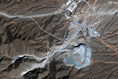 A satellite photograph shows construction work and buildings at a site known as Pickaxe Mountain, which is believed to store Iranian nuclear material and equipment.