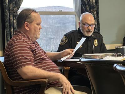 Budget review is underway: (from left) Councilor Steven Korzen and BPD Chief Daniel Buteau