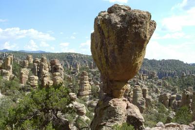 A large rock balanced atop another is one of the striking features of the Chiricahua landscape.