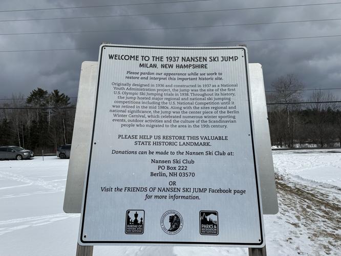 Sign at historic Nansen Ski Jump explains its history