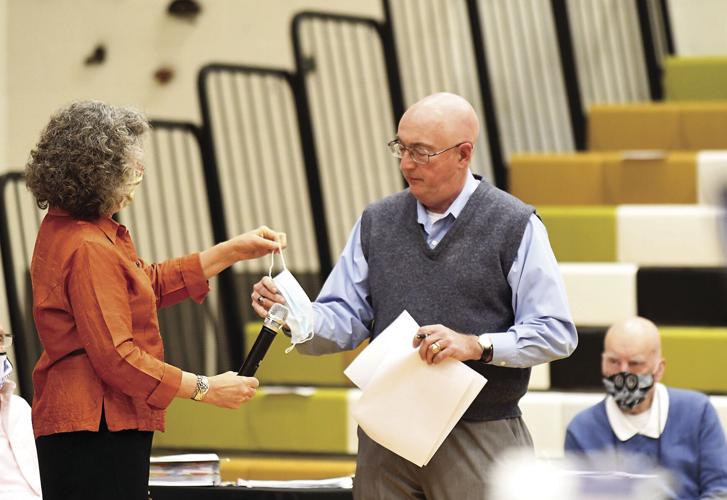 Conway School Deliberative - Fauver gives LeFebvre a mask